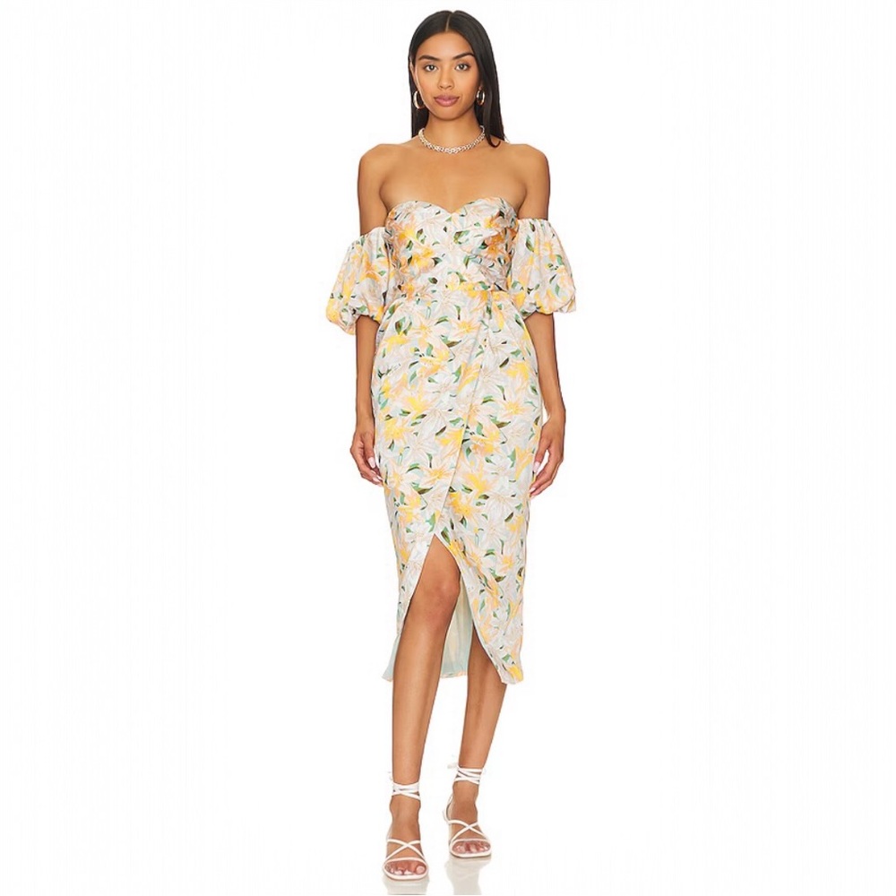 ASTR Floral Strapless Midi Dress Puff Sleeve Sweetheart Slit Yellow Green S - Picture 1 of 16